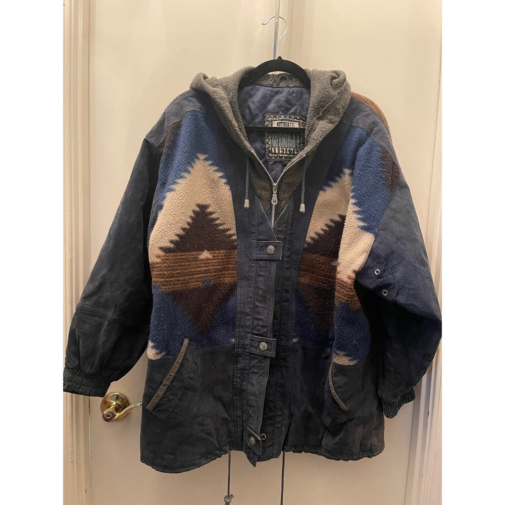 Vintage Winlit 1969 Suede Fleece Southwestern Aztec Hooded Jacket Navy Large EUC